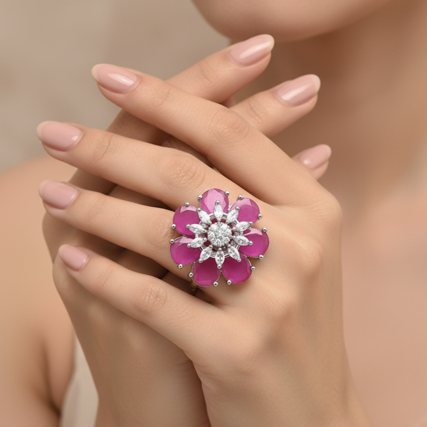 Iksava Premium Silver Plated American Diamonds Studded Floral Design Cocktail Finger Ring for Women