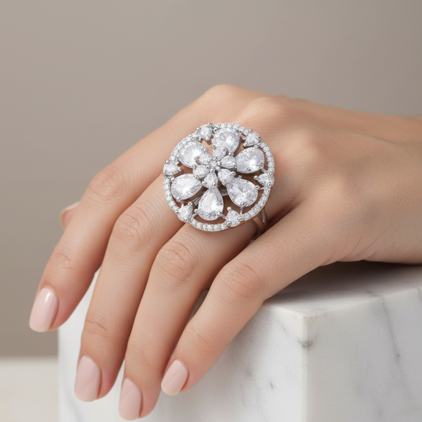 Iksava Silver Plated American Diamonds Studded Statement Floral Design Finger Ring for Women