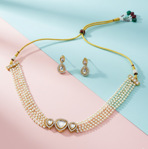 Iksava Premium Pearls and Kundan Embellished Multi-Strand Choker Set with Earrings for Women