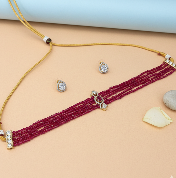 Iksava Premium Ruby Crustal Beads Multi-Strand Choker Set with Earrings for women