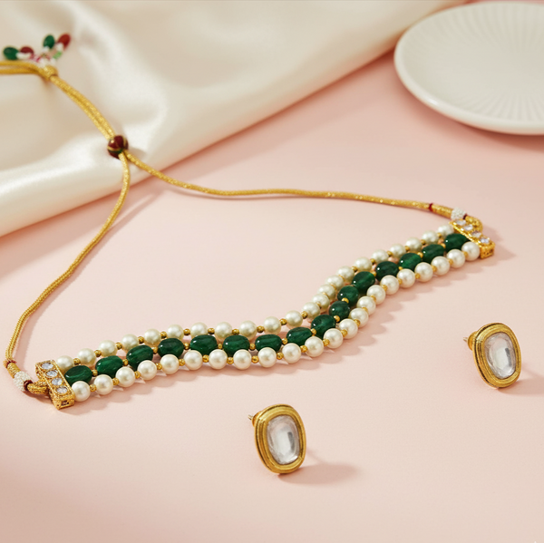 Iksava Premium Emerald Green Beads & Pearl Choker Necklace Set with Stud Earrings for Women