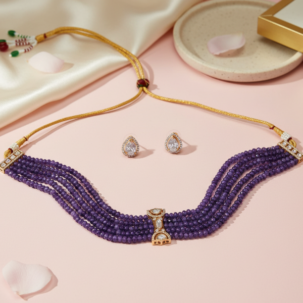 Iksava Premium Amethyst Crystal Beads Multistrand Choker Set with Stud Earrings fro Women