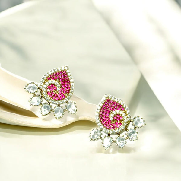 Teardrop Shaped Pink and Crystal Stud Earrings