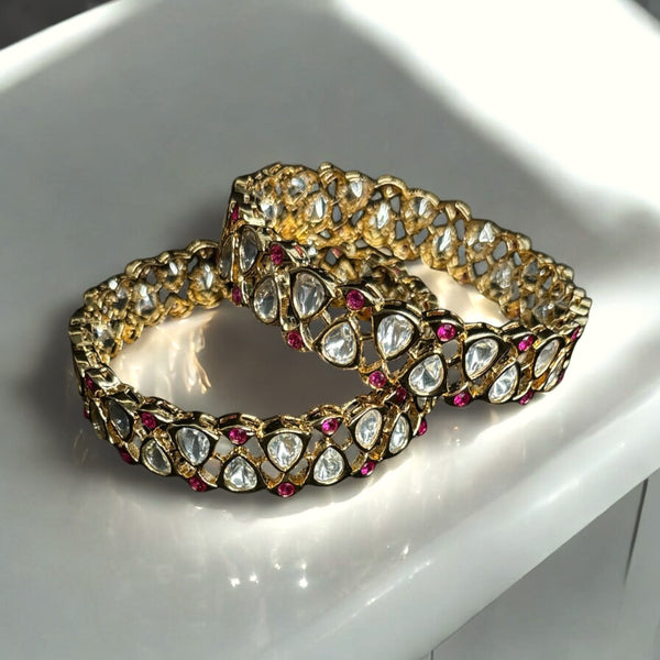 Elegant Kundan and Ruby Stone Gold-Plated Bangles