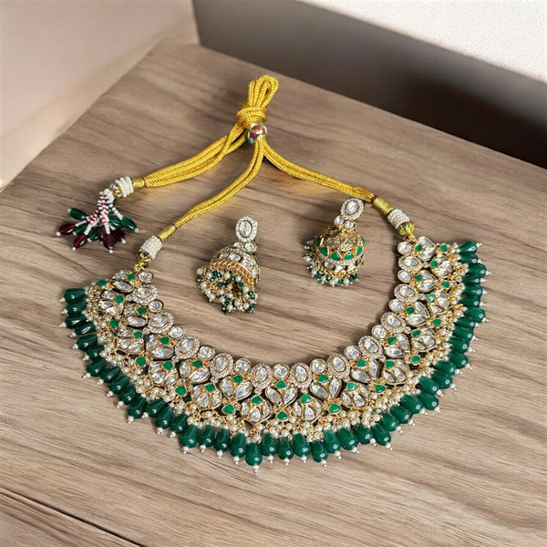 Exquisite Kundan and Green Bead Choker Necklace Set with Jhu