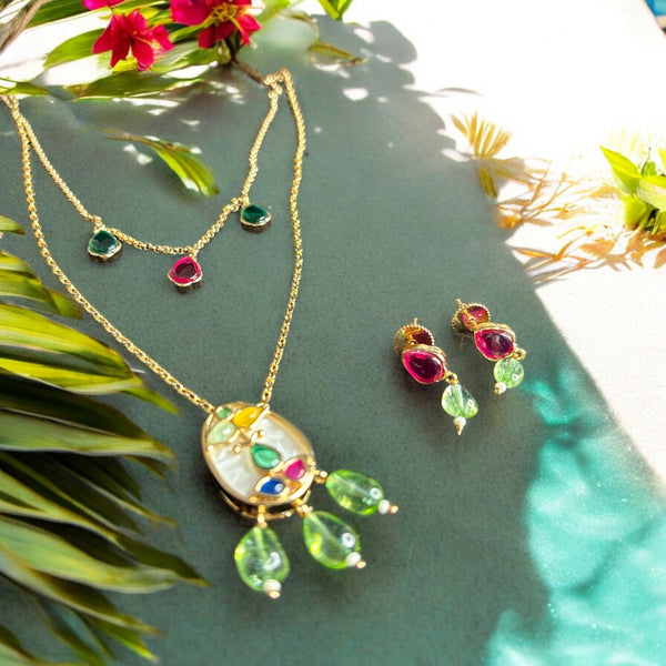 Dual-Layered Gold-Plated Necklace Set with Multicolor Gemstone