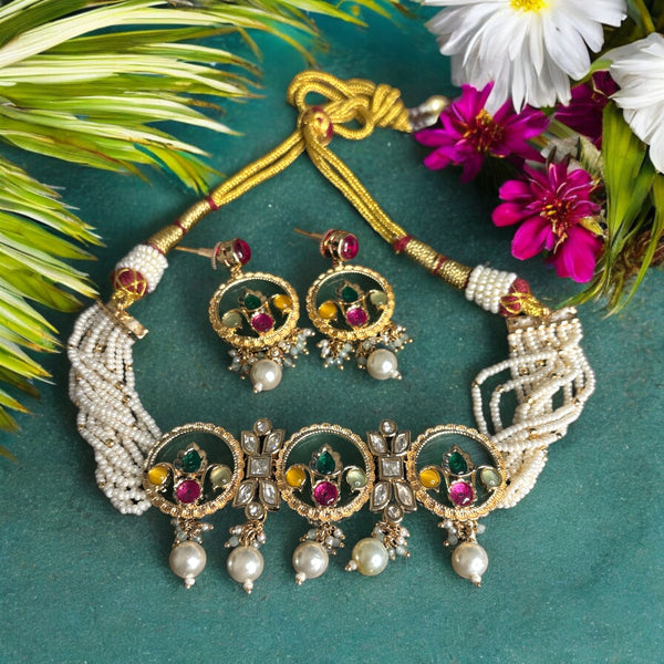 Elegant Navratna Kundan Polki and Pearl Choker Necklace Set with Earrings *Premium Quality*