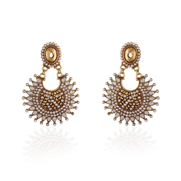 Antique Gold-Plated Sunburst Chandbali Earrings with Kundan & Pearl Accents