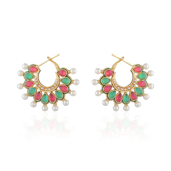 Gold-Plated Pink & Green Hoop Earrings with Pearl Detailing