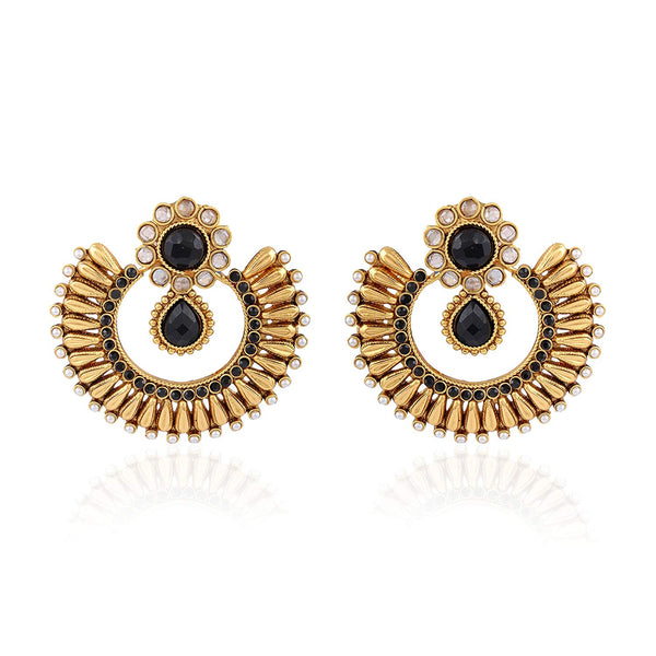 Traditional Gold-Plated Chandbali Earrings with Black Stones and Pearl Accents