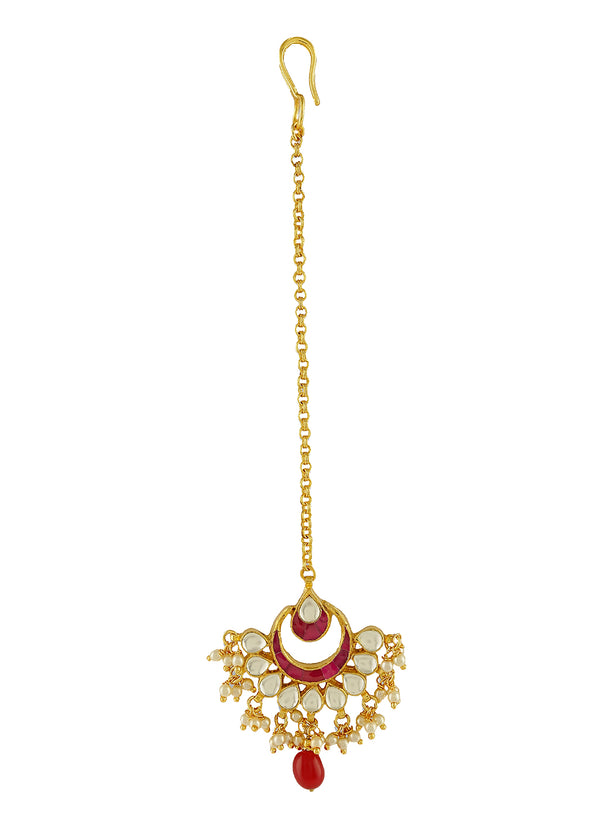 Red  White Gold-Plated Kundan  Pearl Maang Tikka