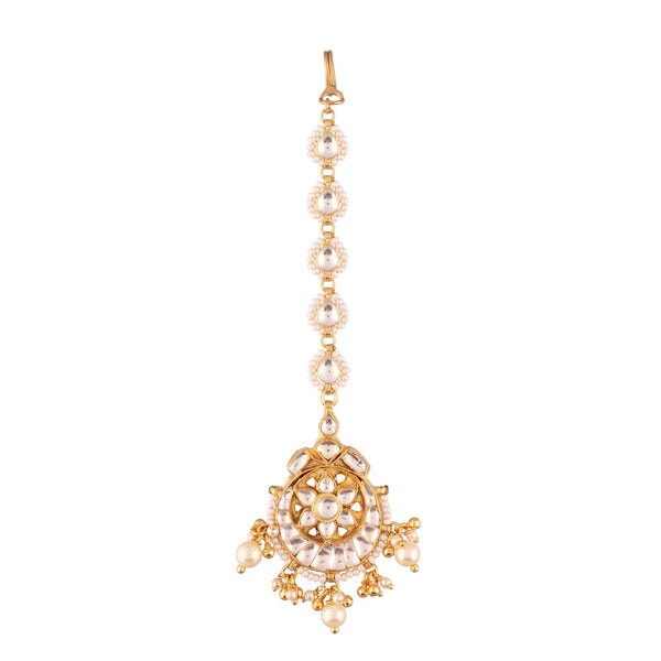 Gold-Plated Maang Tikka with Kundan and Pearl Detailing