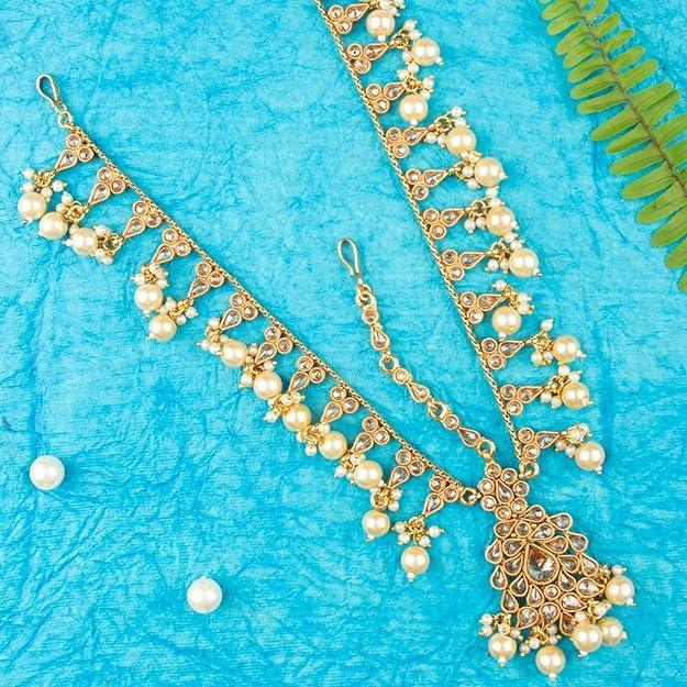 Antique Gold-Plated Studded Pearl Matha Patti - Trendisia