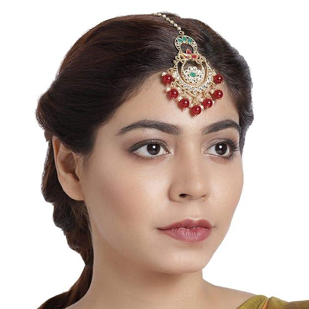 Gold Plated Red Handcrafted Kundan Studded Maang Tika - Trendisia