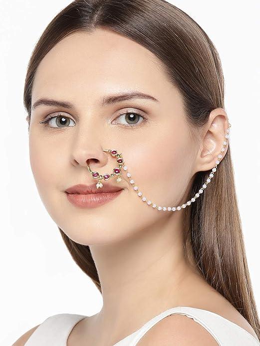 Gold-Plated Handcrafted Kundan Stone-Studded Chained Nose Ring - Trendisia