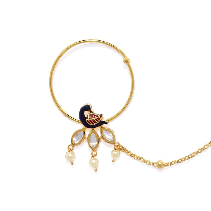 Gold-Toned Handcrafted Faux Ruby Nose Ring With Chain - Trendisia