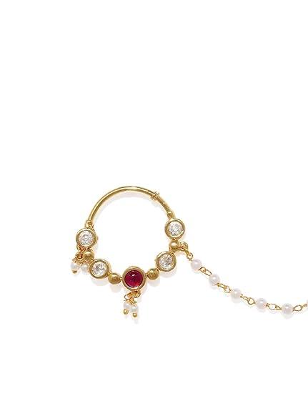 Gold-Toned Handcrafted Faux Ruby Nose Ring With Chain - Trendisia