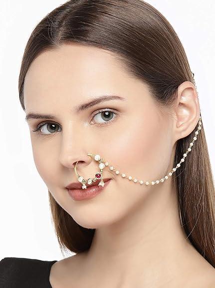 Gold-Toned Handcrafted Faux Ruby Nose Ring With Chain - Trendisia