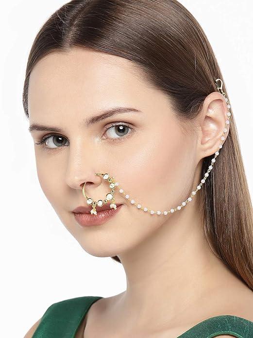 Gold-Plated Handcrafted Kundan Stone-Studded Chained Nose Ring - Trendisia