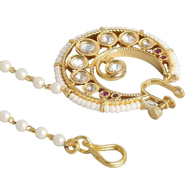 Gold Plated Kundan Nose Ring with Chain - Trendisia