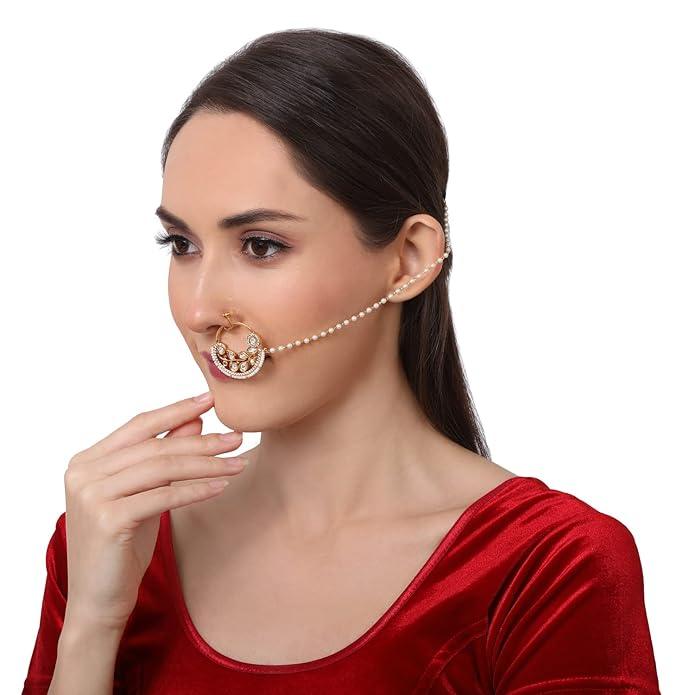 Gold-Plated Kundan Chained Nose Ring - Trendisia