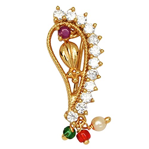 Traditional Gold-Plated Paisley Nose Pin with Colorful Beads