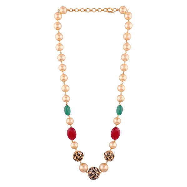 Elegant Gold Pearl Necklace with Red and Green Beads and Ant