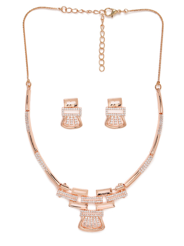 Modern Rose Gold-Tone Necklace & Earring Set with Shimmering Accents