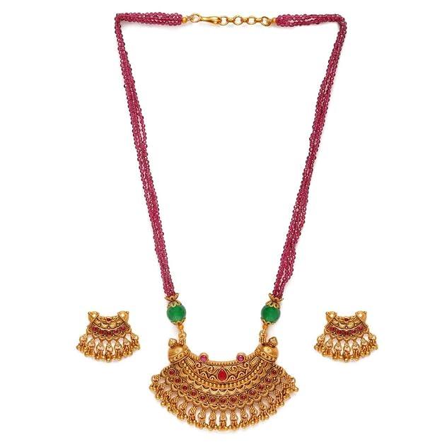 Red Gold-Plated Ruby Beaded Handcrafted Jewellery Set - Trendisia