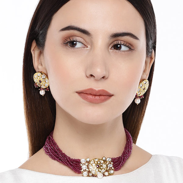 Traditional Red Beads Kundan Choker Necklace Set