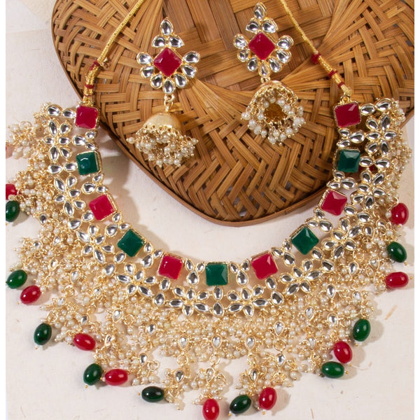 Gold-Plated Kundan & Pearl Choker Necklace Set – Traditional Bridal & Party Wear Jewelry