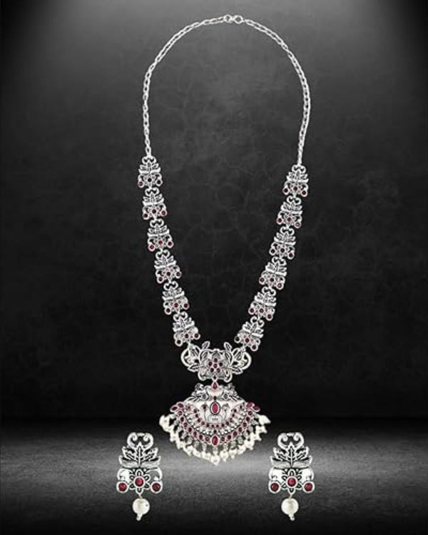 Oxidized Silver-Plated Temple Necklace Set with Ruby & Pearl Accents