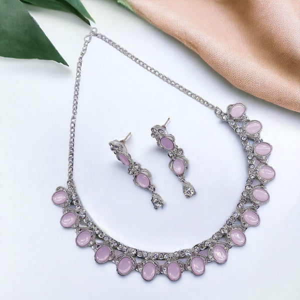 Elegant Silver-Plated Necklace Set with Pink Stones