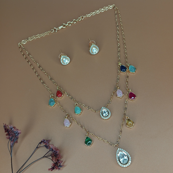 Gold Plated Multicolor Stone Layered Necklace Set with Teardrop Earrings for Women and Girls