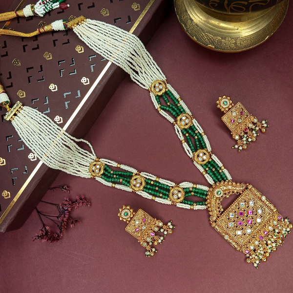 Traditional Gold Plated Pearl Beaded Necklace Set with Green and Ruby Stones for Women
