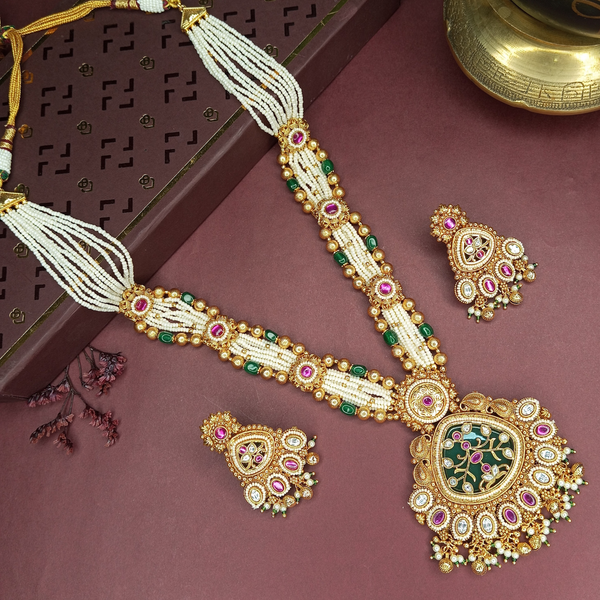 Traditional Temple Design Long Necklace Set with Ruby-Green Stones & Meenakari Pendant for Women