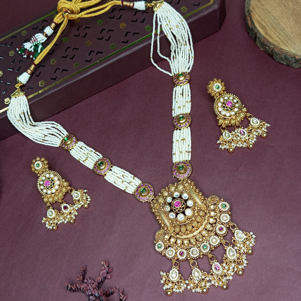Traditional Gold Plated Temple Jewelry Set with Kundan and Pearl Detailing Bridal Long Necklace Set with Earrings