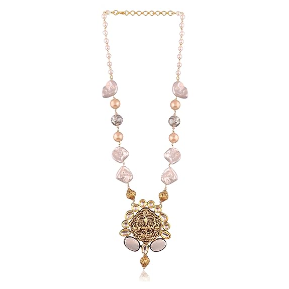 Gold-Plated Goddess Lakshmi Long Necklace with Kundan and Pe