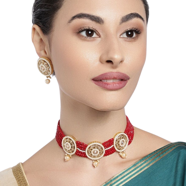 Traditional Red Beaded Choker Necklace Set with Earrings