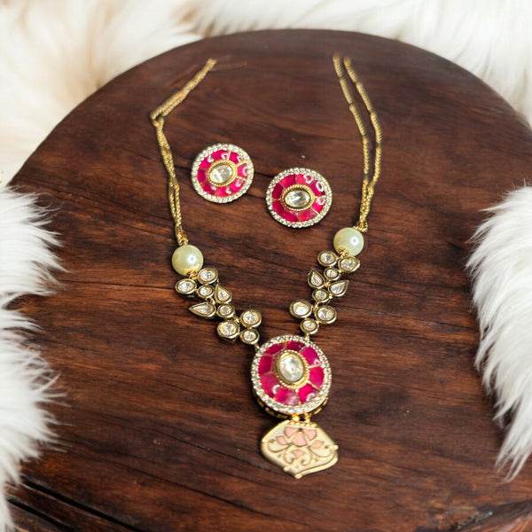 Elegant Gold-Plated Kundan and Pearl Necklace Set with Pink