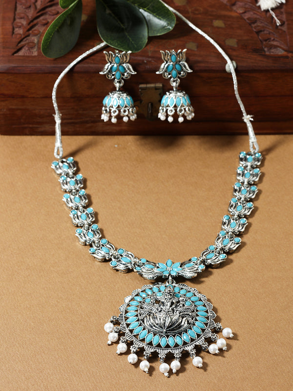 Oxidized Silver-Tone Tribal Necklace and Earrings Set for Women - Blue Beaded Traditional Jewelry Set