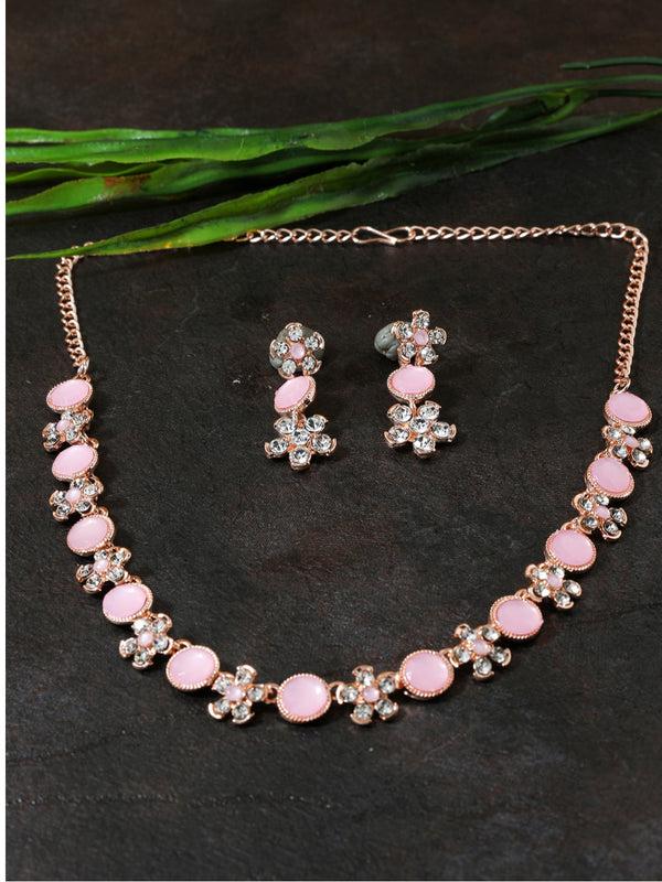 Rose Gold-Tone Pink Beaded Necklace and Earrings Set for Women - Delicate Floral Jewelry Set with Rhinestones
