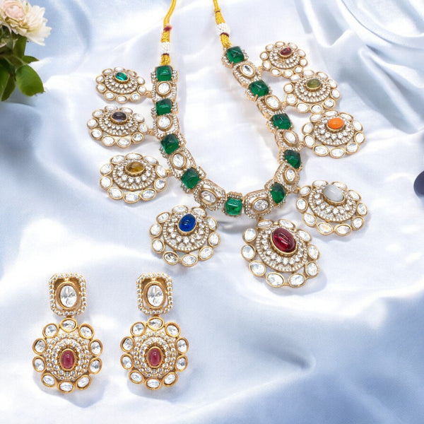 Gold-Plated Navaratna Statement Necklace Set with Matching Earrings