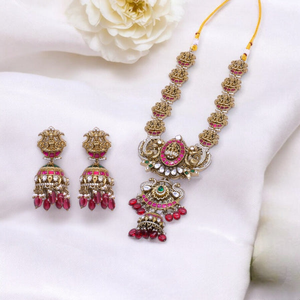 Gold-Plated Temple Necklace Set with Ruby Accents and Jhumka Earrings