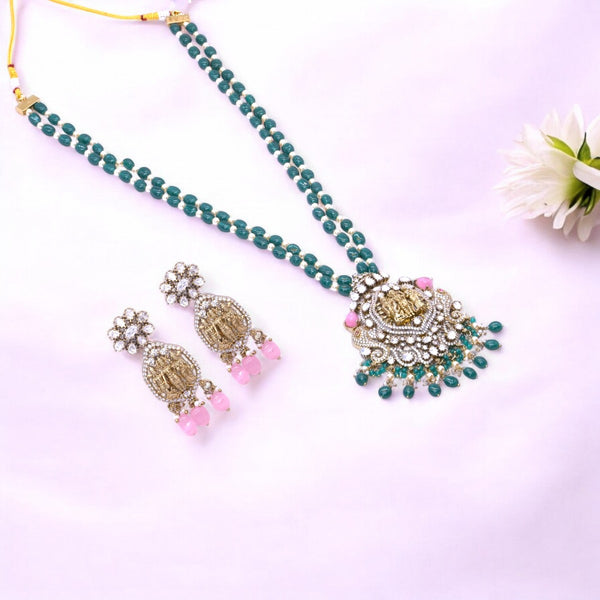 Gold-Plated Temple Pendant Necklace Set with Green Beads and Matching Earrings