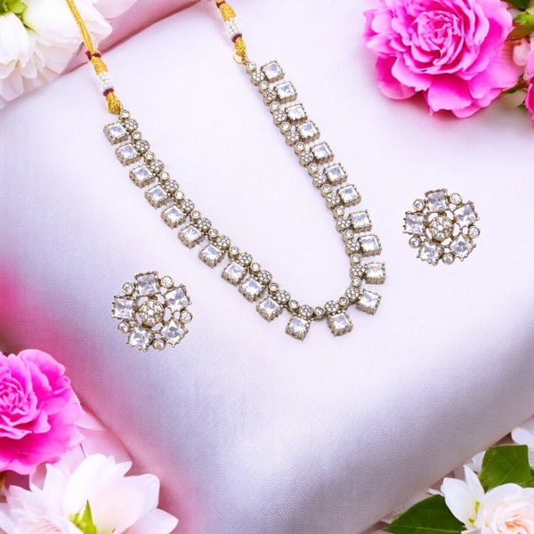 Classic Gold-Plated White Stone Necklace Set with Matching Earrings