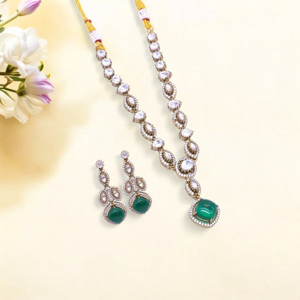 Gold-Plated Green Pendant Necklace Set with Matching Drop Earrings