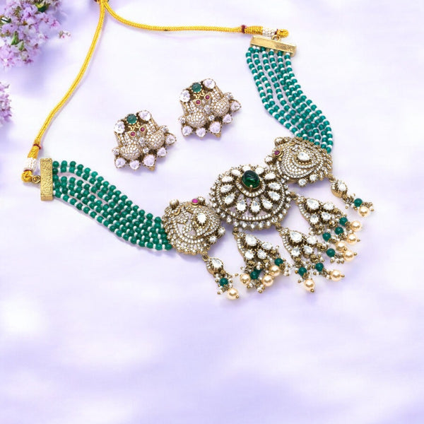 Gold-Plated Green Beaded Choker Necklace Set with Intricate Pendant and Earrings