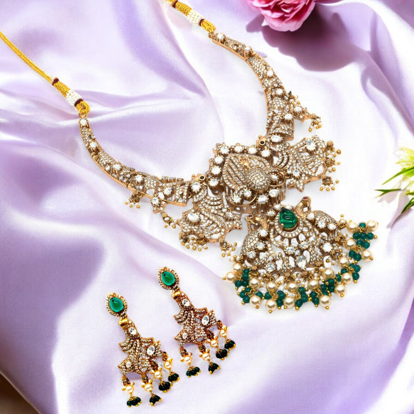 Gold-Plated Antique Bridal Necklace Set with Green and Pearl Accents