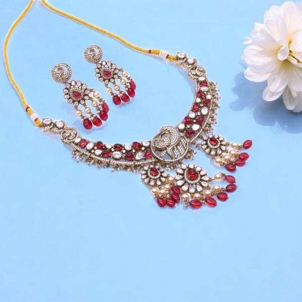 Gold-Plated Elephant Motif Bridal Necklace Set with Ruby and Pearl Accents